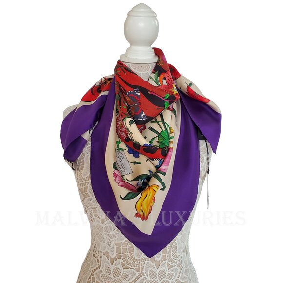 GUCCI SCARF SILK TIGER ICONIC FLORA PRINT SQUARE VIBRANT FOULARD 35" - Picture 10 of 16